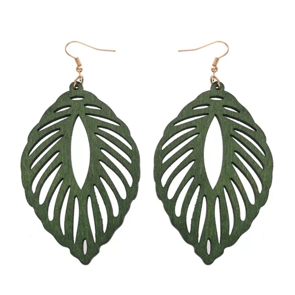 *2 for $15* Green Leaf Wood Drop Earrings